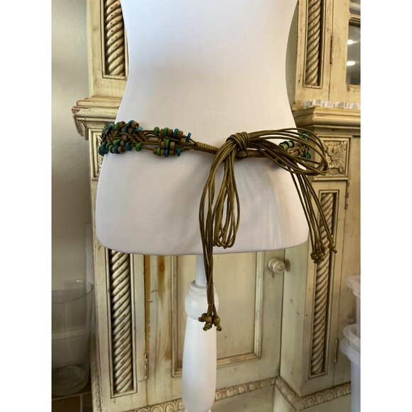 Vintage Wooden Beaded Macrame Corded Belt Brown Green‎ Western Boho Tie Waist - Picture 6 of 7